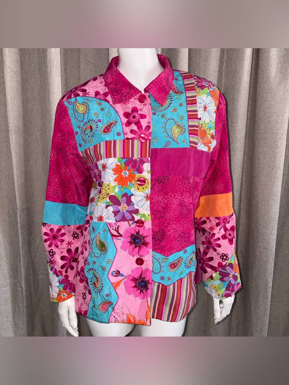 DIANE GILMAN SZ M Patchwork Floral Button-Up  SWEATER Jacket - Pink & Turquoise